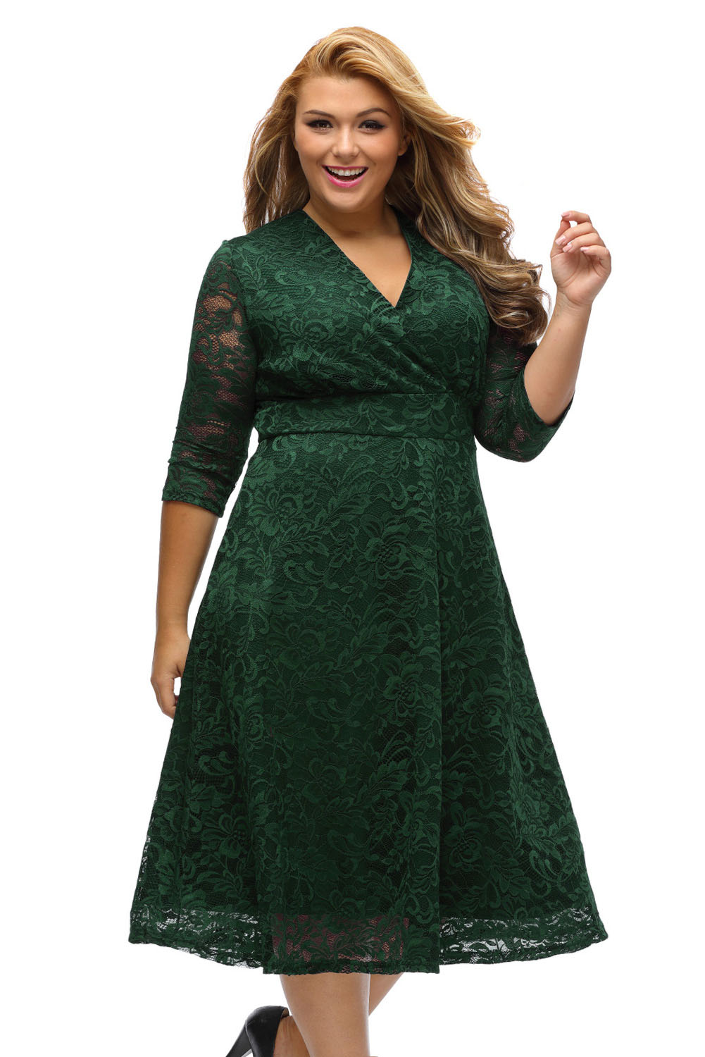 BY61442-9 Olive Plus Size Surplice Lace Formal Skater Dress